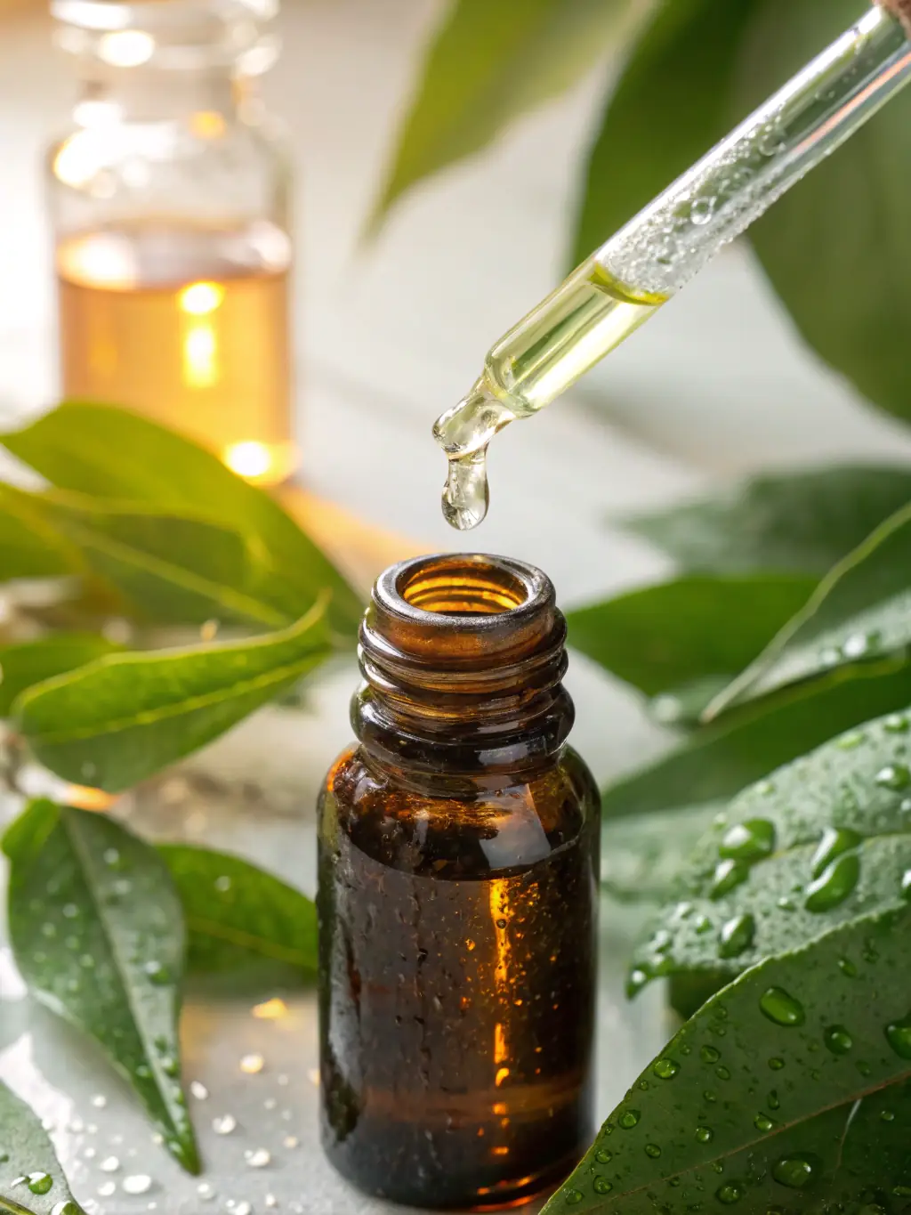 A clear glass bottle of eucalyptus essential oil with a few eucalyptus leaves beside it, set against a backdrop of eucalyptus trees at Naturelva.