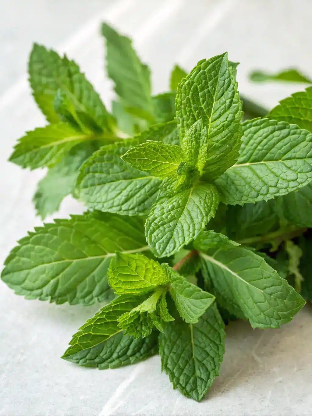 A clear glass bottle of peppermint essential oil with a few peppermint leaves beside it, set against a backdrop of peppermint plants at Naturelva.