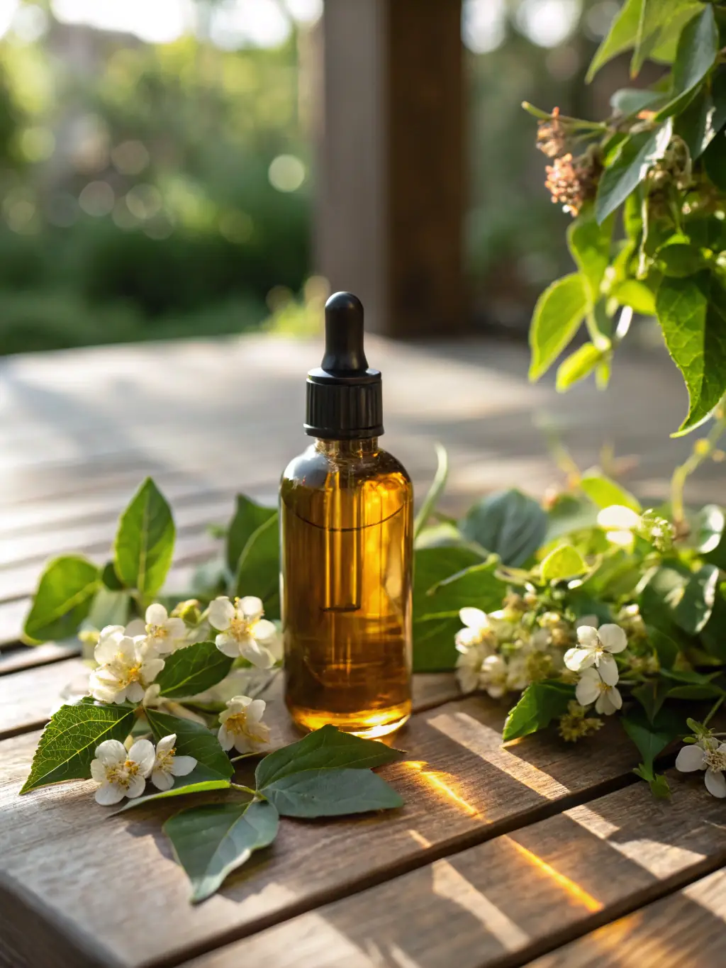A small amber bottle of rosemary essential oil with fresh rosemary sprigs, placed on a rustic wooden surface with a backdrop of rosemary bushes at Naturelva.