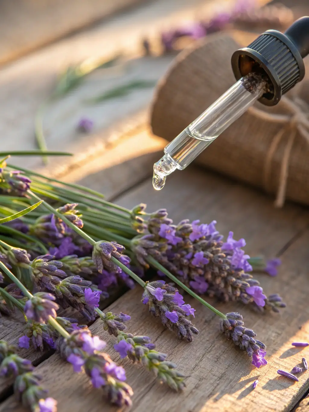 A close-up shot of Naturelva's lavender essential oil bottle, showcasing its label with the EU organic certification logo, placed against a backdrop of blooming lavender fields in Bulgaria.