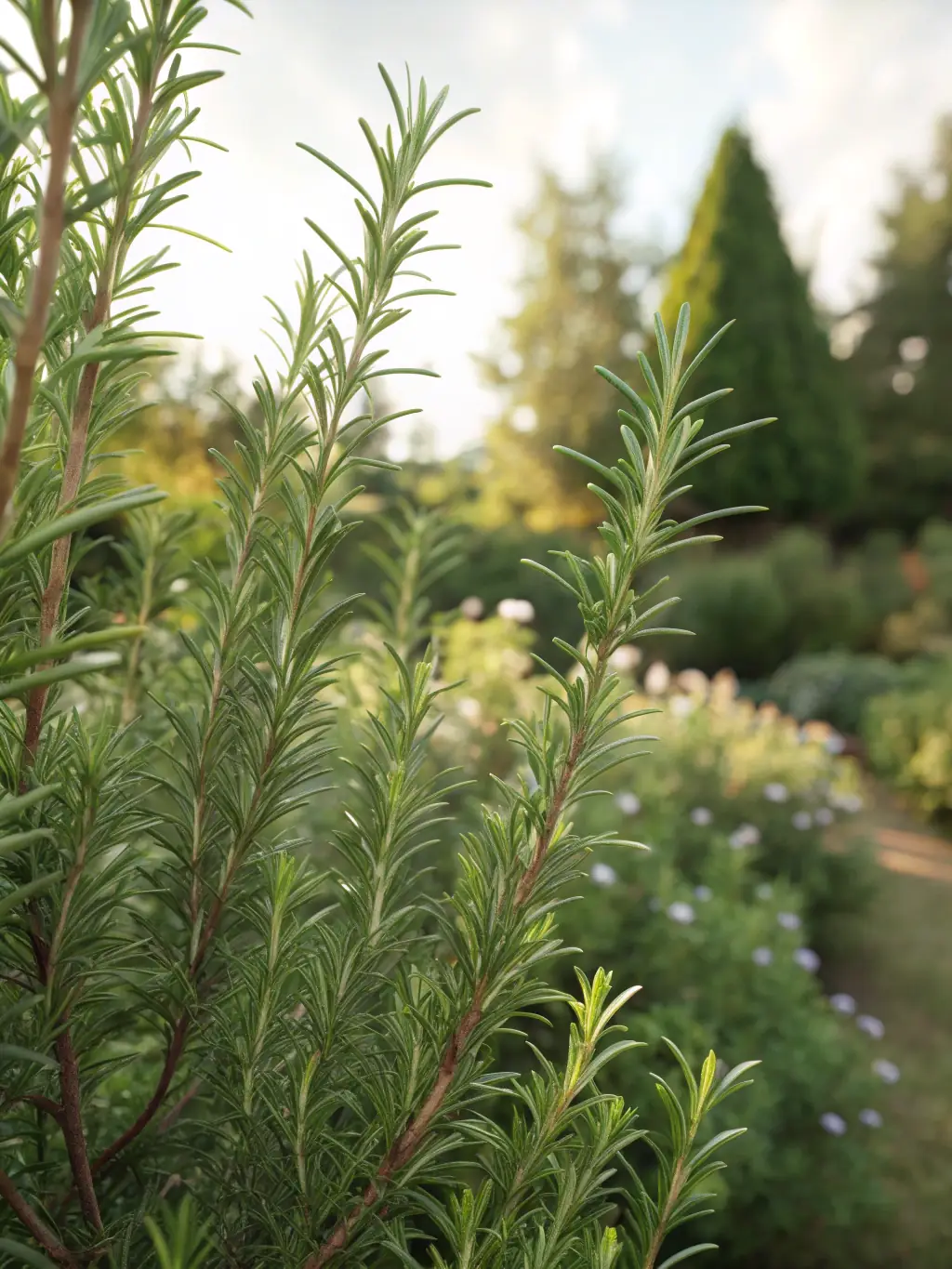 A detailed image of rosemary sprigs being harvested in the Bulgarian countryside, with a bottle of Naturelva's rosemary essential oil in the foreground.