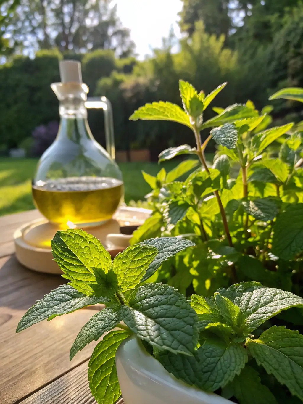 A close-up shot of a bottle of Naturelva's peppermint essential oil, with a blurred background of peppermint leaves.